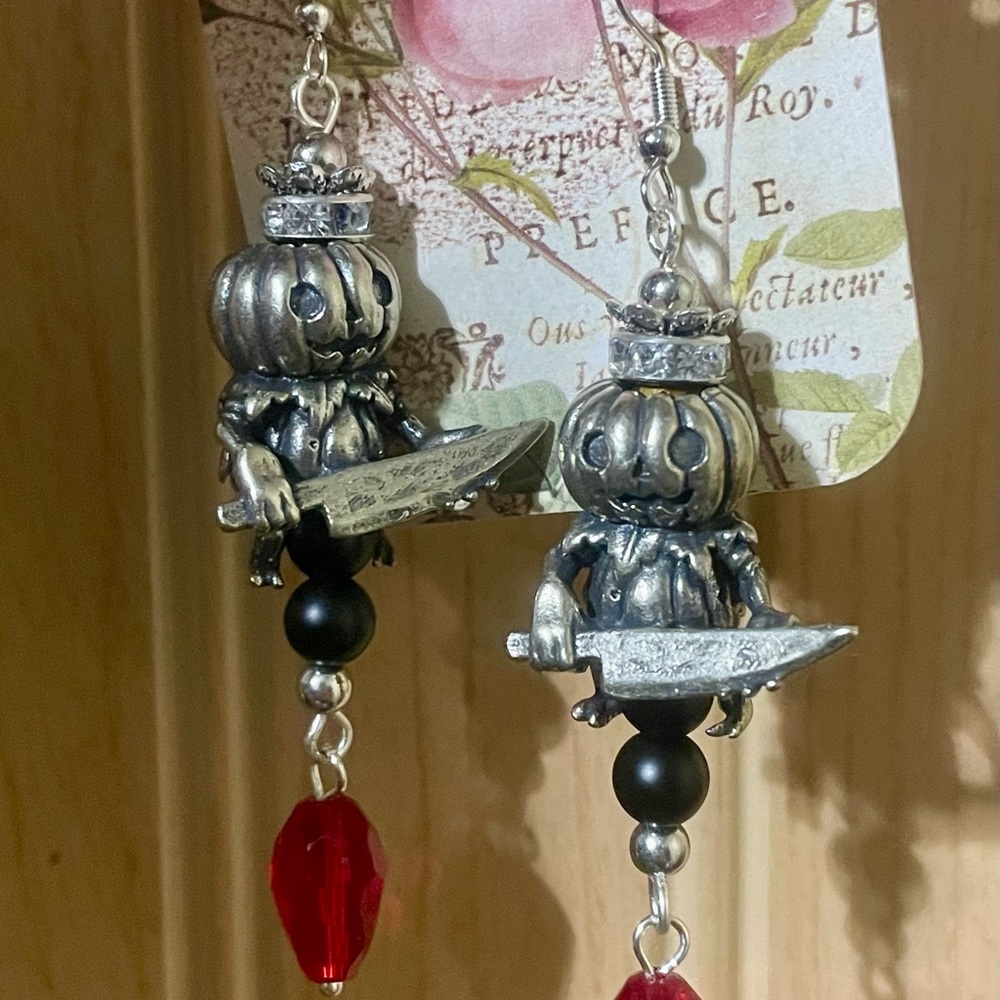 Jack-o-Lantern Goblin Dangle Earrings Silver and Red